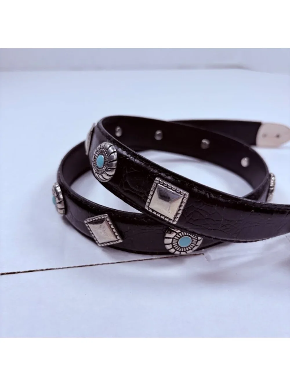 Vintage 80s 90s Western Turquoise Black Leather Kids Belt S / 23